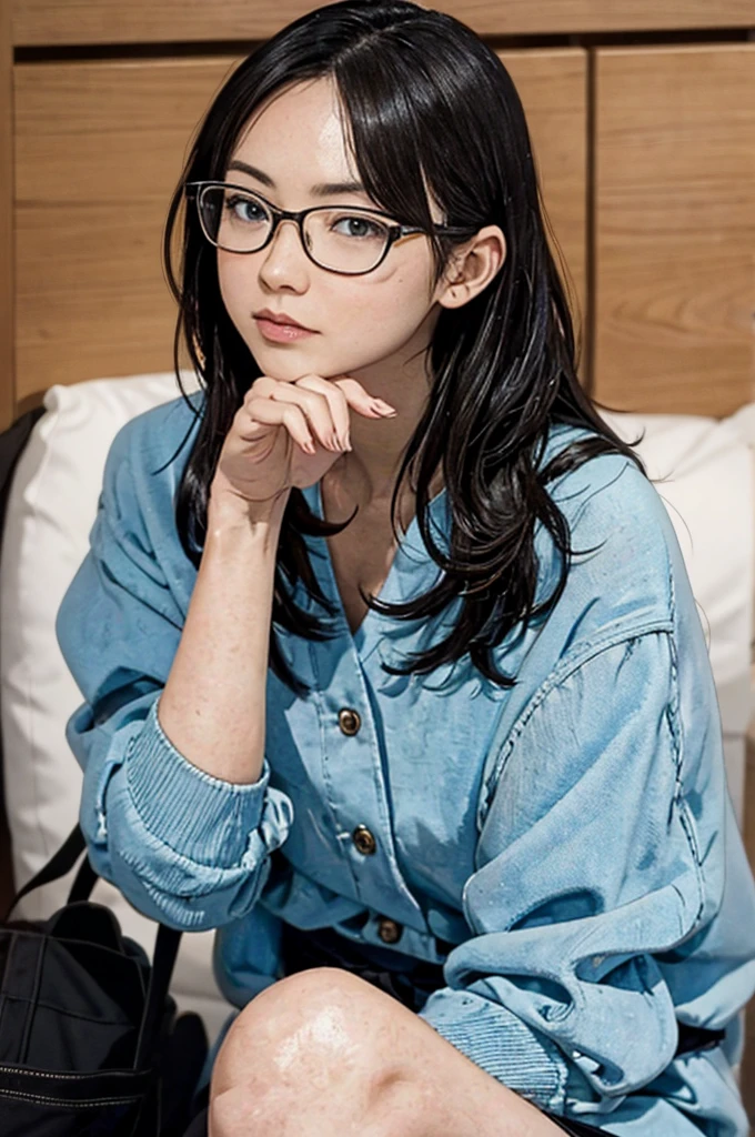 There is a woman sitting on the floor with her legs crossed..., Wearing glasses, Japanese Model, Wearing glasses on, Wearing square glasses, Young Sensual Gravure Idol, Yasumoto Oka, Genuine young gravure idol, Without glasses, Yoshitomo Nara, Aoi Ogata, Wearing glassesいる, Surreal,Provocative,((Beautiful Skin)),((Skin Texture)),((Real Touch)), healthy, unreddish skin, Cute freckles on the cheeks,Mole under left eye,