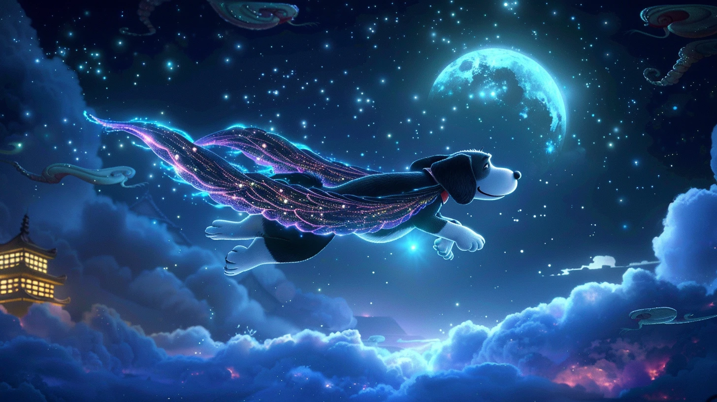 史努比的星辰翅膀在月光下熠熠生辉，照亮了它飞翔的轨迹