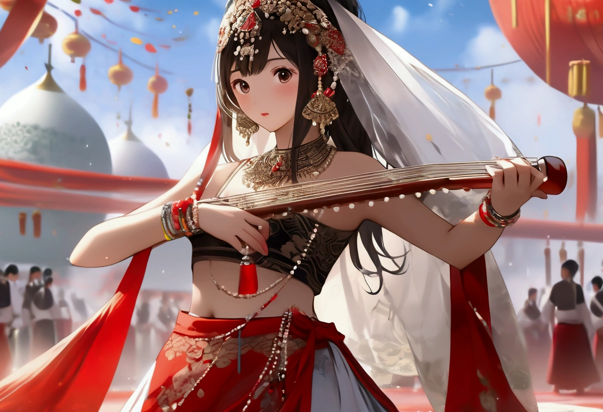 ((Panorama)), ((best quality)), ((masterpiece)), 1girl, (playing pipa, holding pipa, pipa), stand, ((XiYu_clothes)),(red/white/yellow/balck crop top),large breasts,((jewelry, bracelet, necklace, veil)),midriff,navel,(red/white/yellow/balck skirt), ((elaborate epic background))
