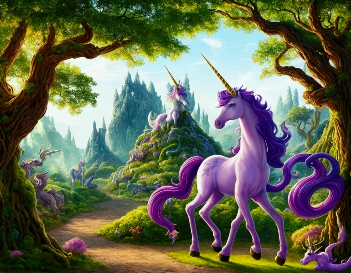 a fantasy forest where unicorns and dragons live