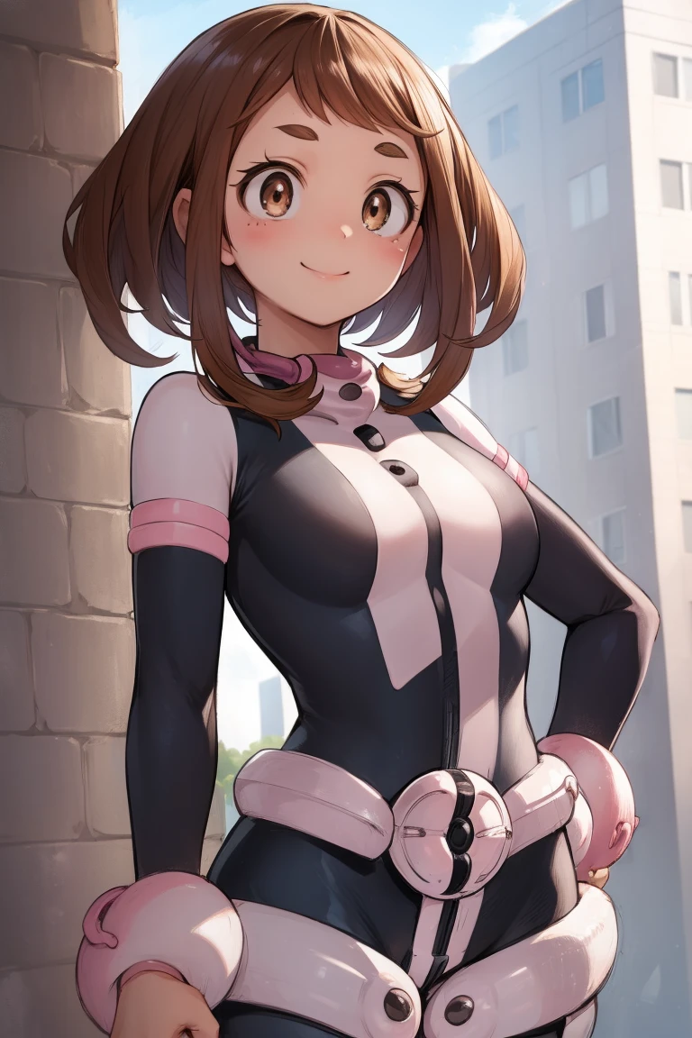 ochakouraraka, ochako uraraka, (uraraka ochako:1.5), (brown eyes:1.5), brown hair, short hair, blush, blush stickers, smile,
BREAK (bodysuit:1.5), skin tight, superhero,
BREAK outdoors, city,
BREAK looking at viewer, standing, idle, hand on hip
BREAK (masterpiece:1.2), best quality, high resolution, unity 8k wallpaper, (illustration:0.8), (beautiful detailed eyes:1.6), extremely detailed face, perfect lighting, extremely detailed CG, (perfect hands, perfect anatomy),