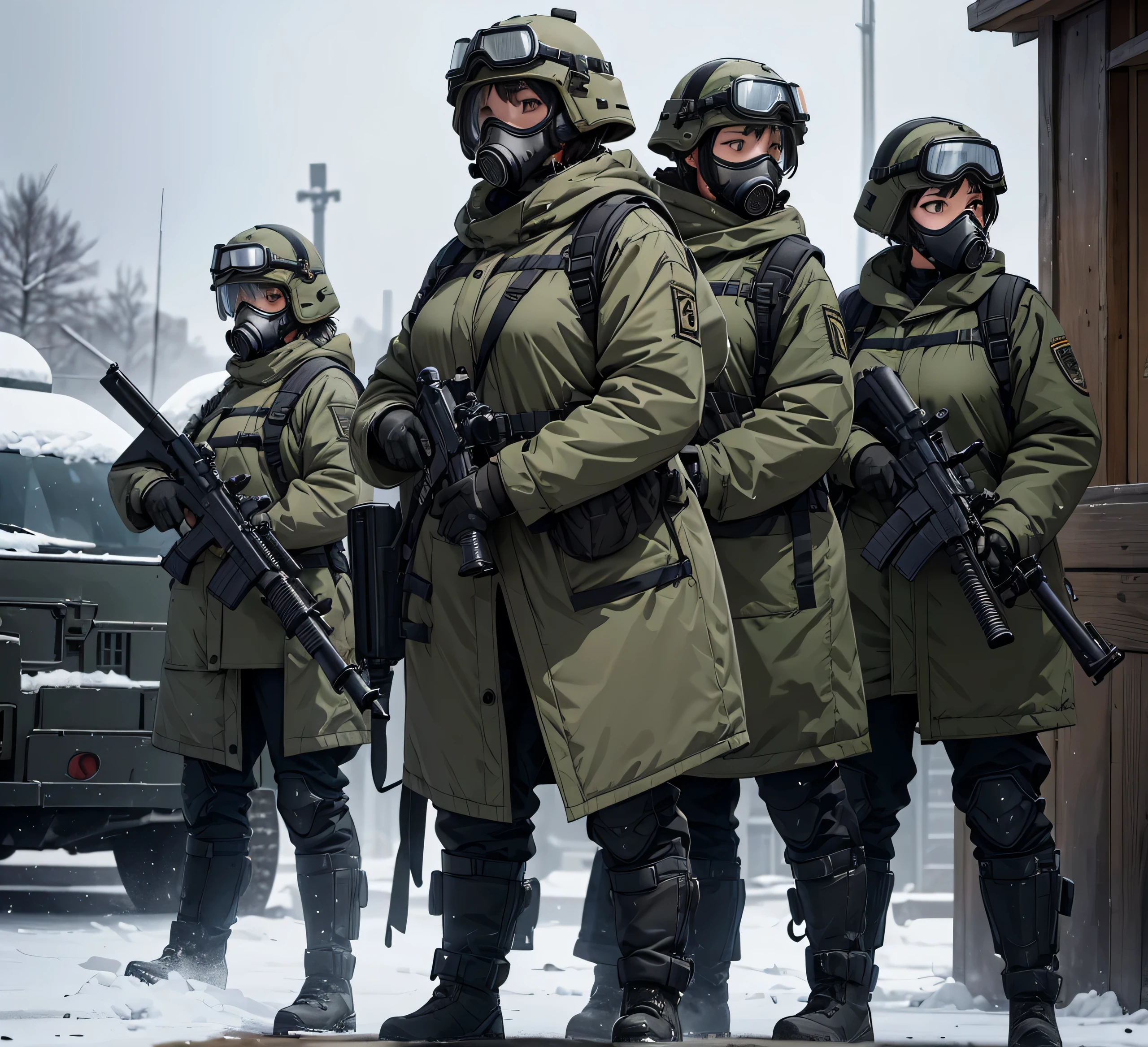 A group of female soldiers wearing thick dark grey coats、Full helmet、Gas Mask、Goggles,Standing guard with gun,Snowy military camp、Write details、masterpiece、best quality、Highly detailed CG、8K picture quality