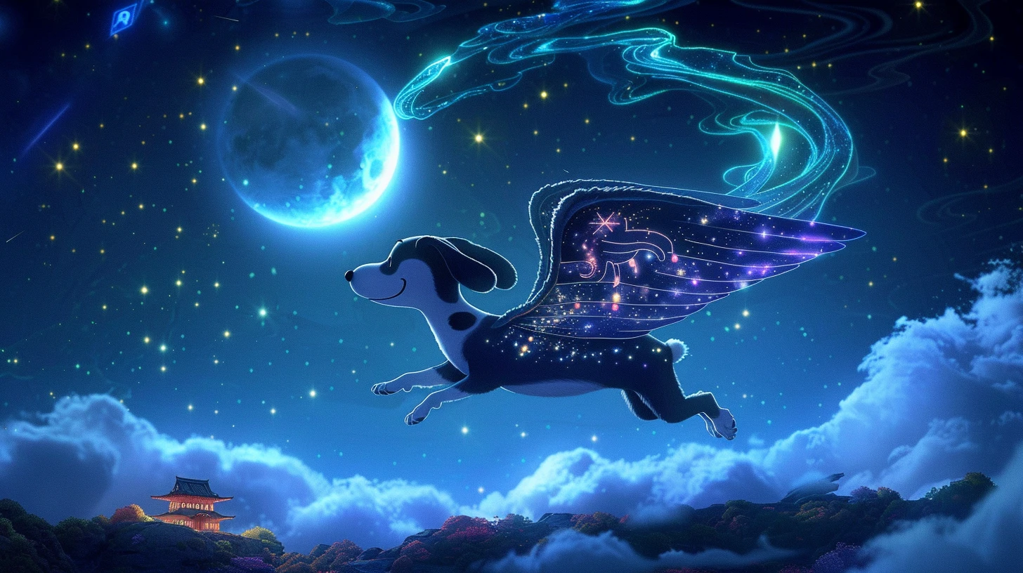 史努比的星辰翅膀在月光下熠熠生辉，照亮了它飞翔的轨迹