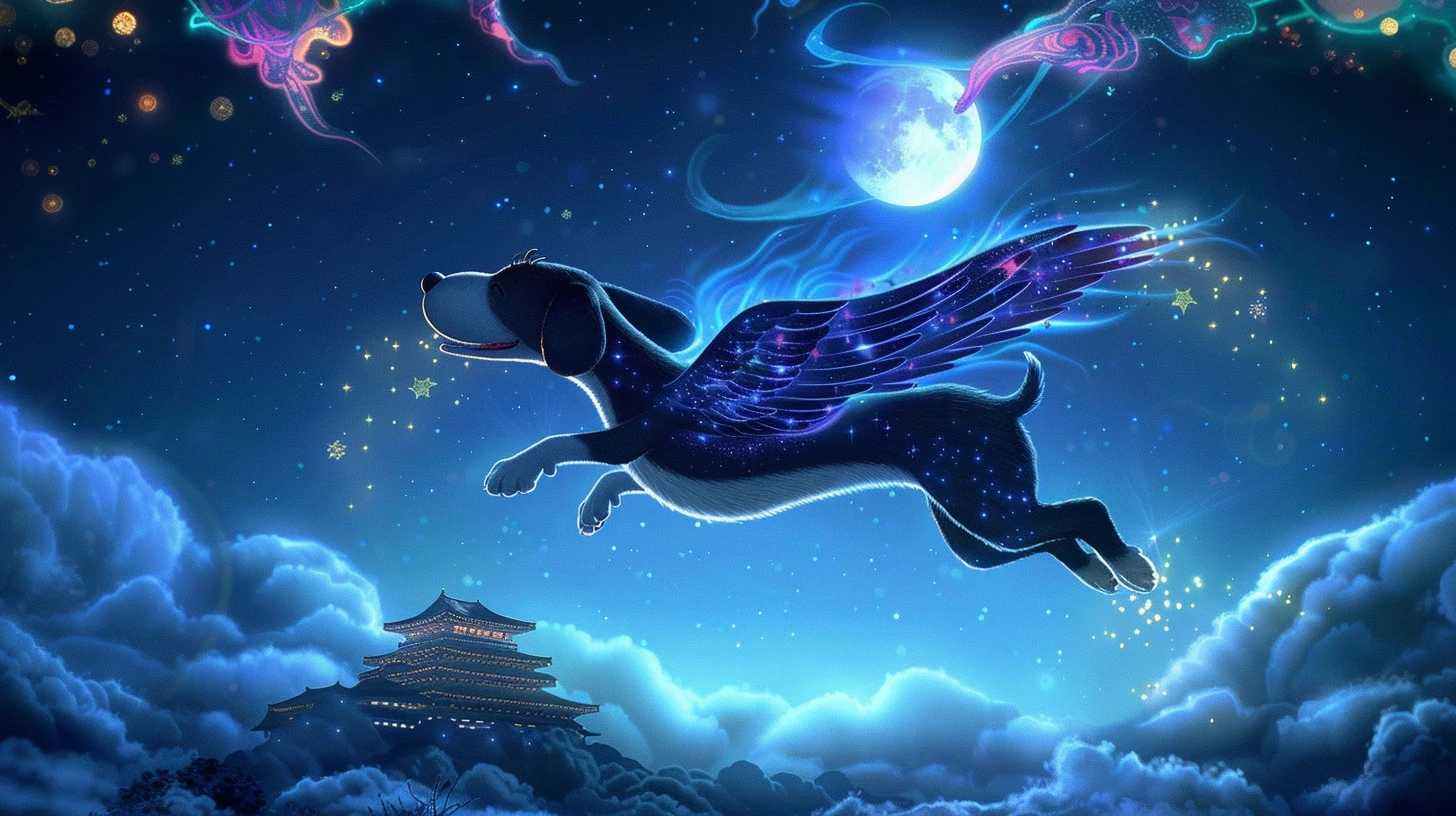 史努比的星辰翅膀在月光下熠熠生辉，照亮了它飞翔的轨迹