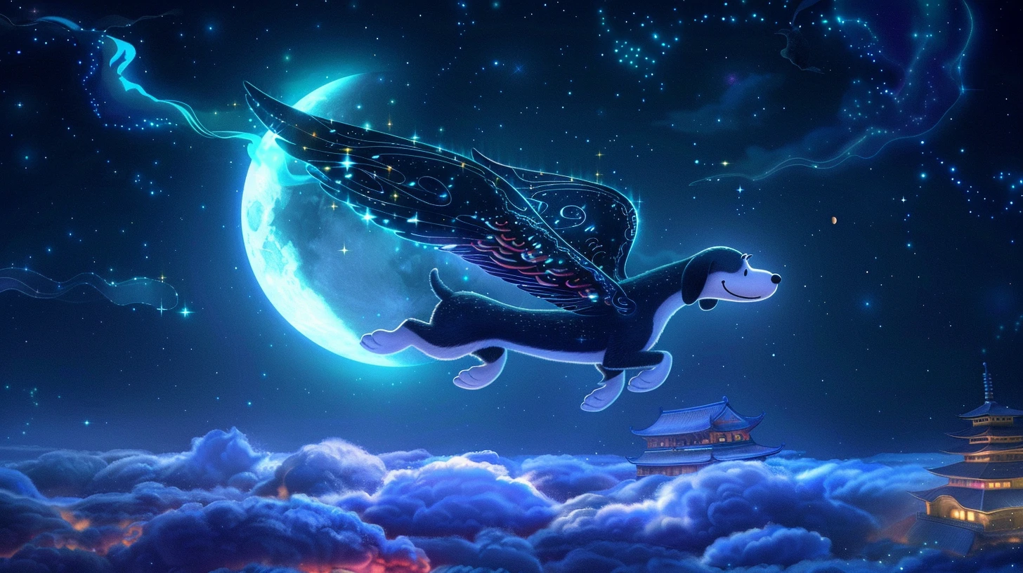 史努比的星辰翅膀在月光下熠熠生辉，照亮了它飞翔的轨迹