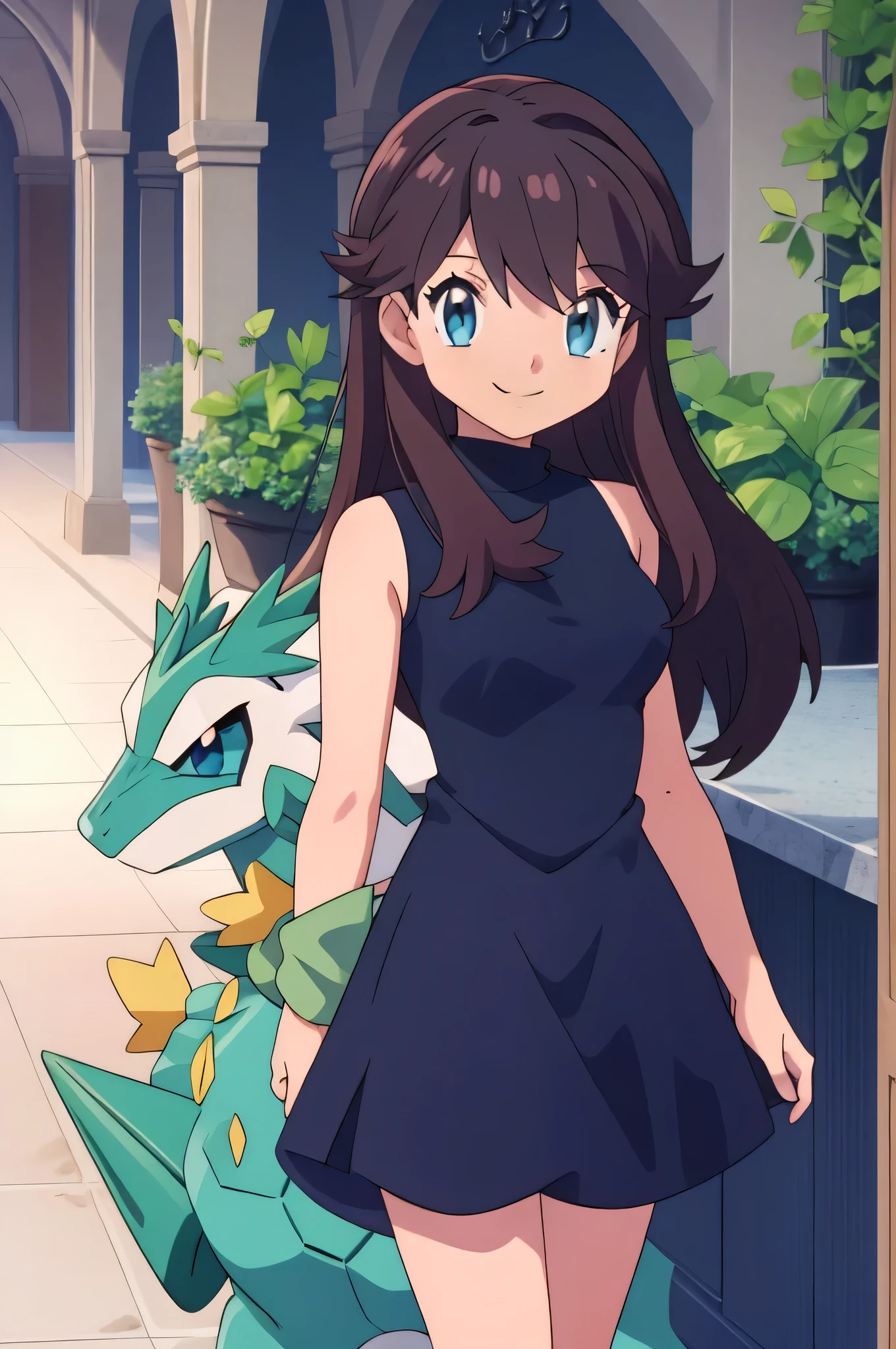 (masterpiece, best quality), intricate details, 1girl, green (pokemon), brown hair, blue eyes, looking at viewers, standing up straight, sleeveless black skin tight dress, smile, indoor, pokemovies