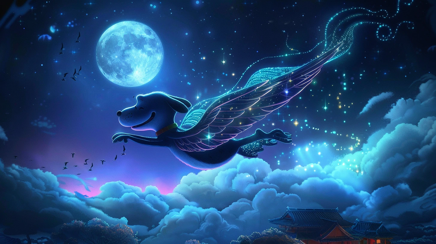 史努比的星辰翅膀在月光下熠熠生辉，照亮了它飞翔的轨迹