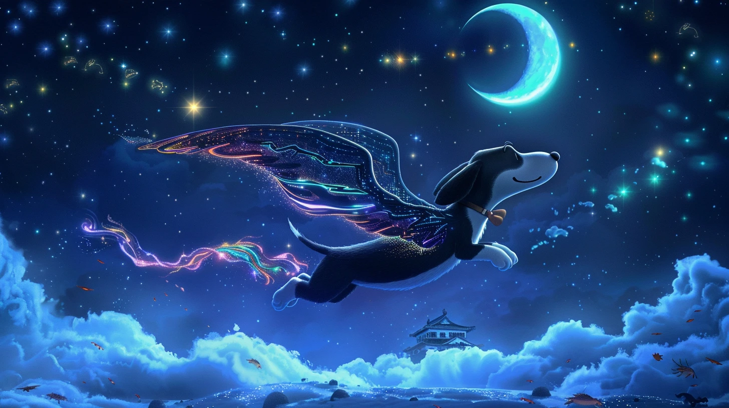 史努比的星辰翅膀在月光下熠熠生辉，照亮了它飞翔的轨迹