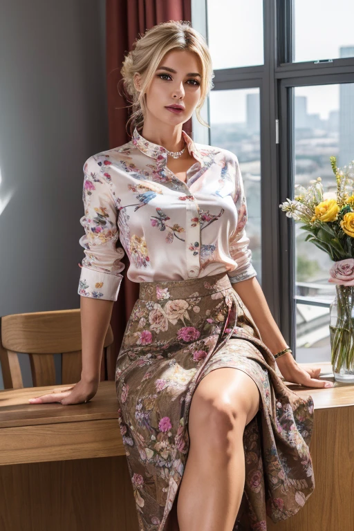 ((European career woman)). Realistic、Genuine raw photo、Full Body Portrait、Blonde updo、(Colorful shirt with collar)、(long skirt with floral pattern:1.3)、(silk pantyhose:1.1)、High heels、Sitting pose、Large Breasts、1 girl, High floor office、Perfect Anatomy, Perfect body, Perfect hands, Perfect Face, Perfect Eyes, Accurate, Anatomically correct, Perfectly clear and sharp focus, Highest quality、Ultra-high resolution, masterpiece, Ultra-realistic、Professional Lighting