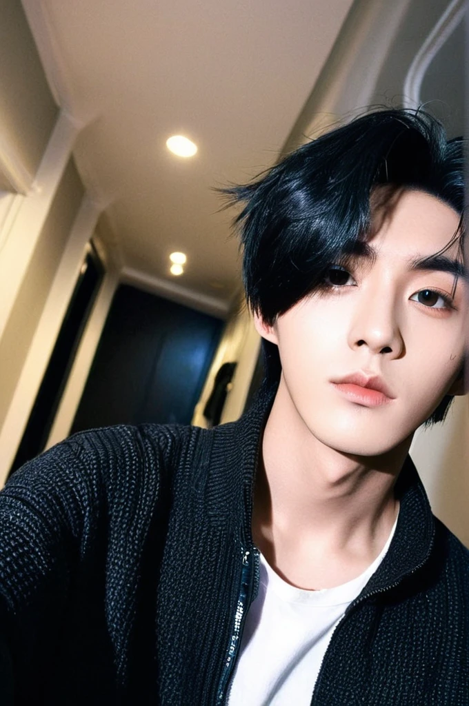 One boy, Young man with black hair  (Mash straight hair),Male K-Pop idols, Medium size portrait, Oval Face, Vivid,Selfie,(In a dark room),The whole body is projected