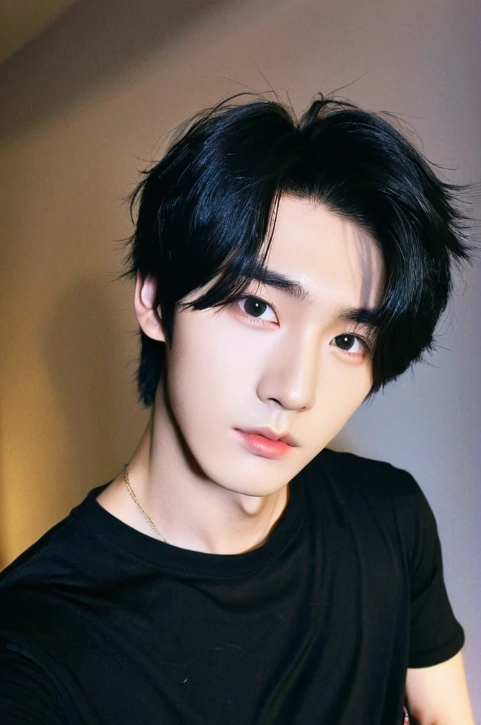 One boy, Young man with black hair (Mash straight hair),Male K-Pop idols, Medium size portrait, Oval Face, Vivid,Selfie,(In a dark room),The whole body is projected