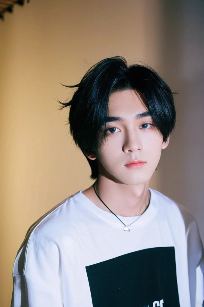 One boy, Young man with black hair (Mash straight hair),Male K-Pop idols, Medium size portrait, Oval Face, Vivid,Selfie,(In a dark room),The whole body is projected