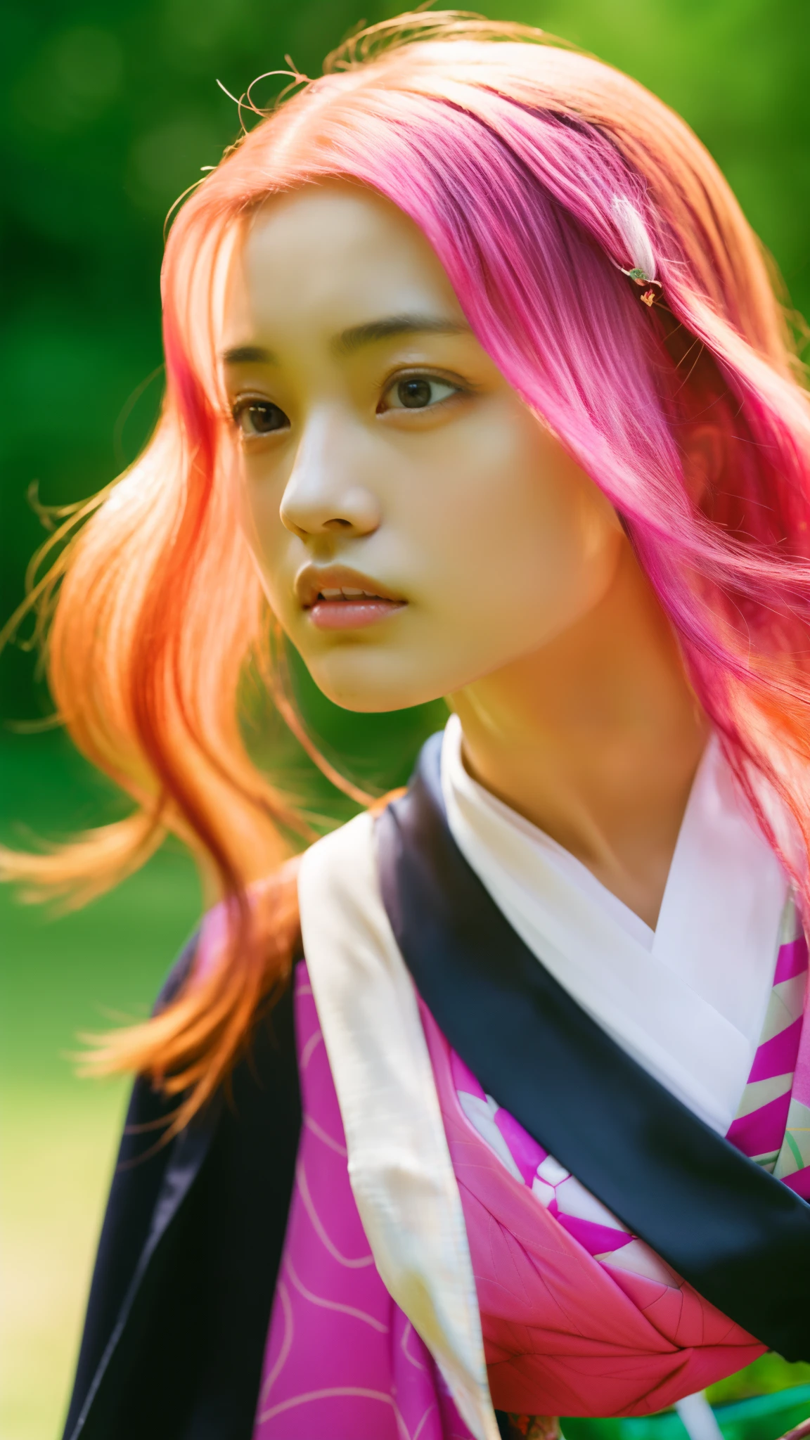 Cute Japanese woman, (16 years old), (Very cute face: 1.3), White moist skin, Looking at the camera, Melancholy expression,
BREAK,
Idol,
BREAK,
(Wearing cute kimono: 1.3), (Highly revealing kimono), Very large earrings, Short length,
BREAK,
(Fighting pose: 1.3),
BREAK,
(Long hair), (Pink hair: 1.2), (Wavy hair), (Gradient hair: 1.3), (Red hair at the ends),
BREAK,
(Realistic: 1.3), Masterpiece, Perfect lighting, (Ultra-high resolution), (8K), (Very detailed: 1.4), (From the front), (Full body: 1.4), (Symmetrical: 1.2),
BREAK,
(Shibuya city in Japan: 1.2),
BREAK,
(Demon Slayer: 1.4),
BREAK,
(Kasumi Arimura: 1.4),