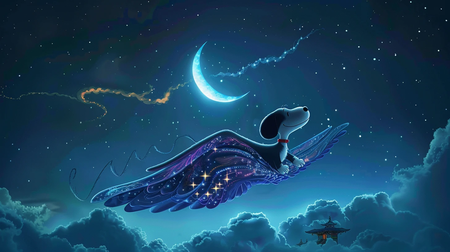 史努比的星辰翅膀在月光下熠熠生辉，照亮了它飞翔的轨迹