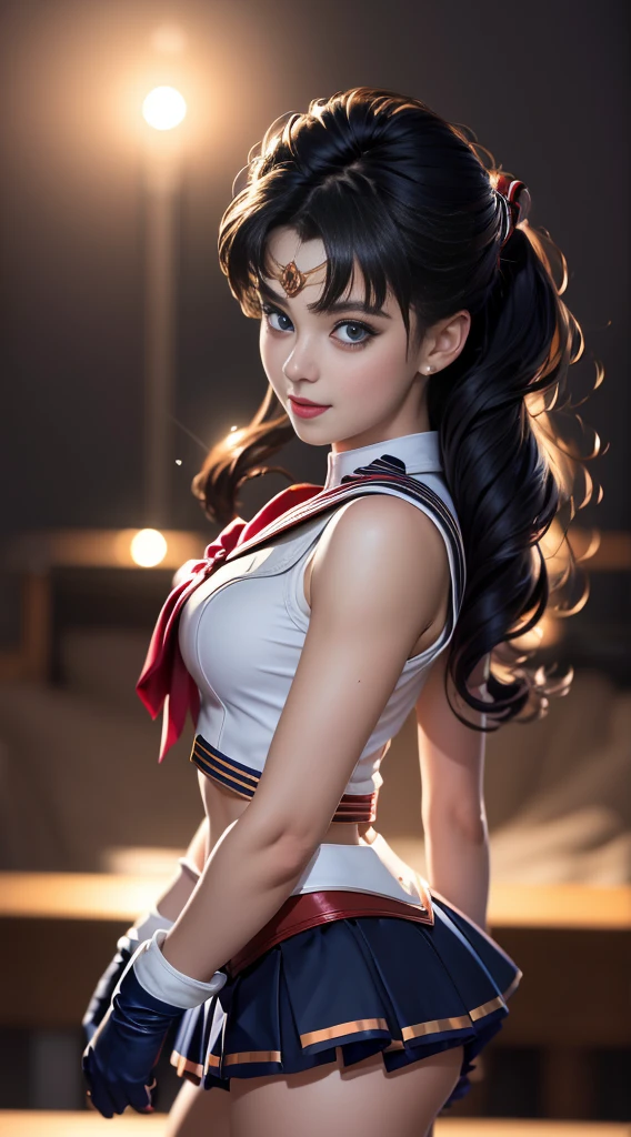 (Extreme detail CG Unity 8K wallpaper, masterpiece, highest quality), (exquisite lighting and shadow, highly dramatic picture, cinematic lens effect), (Sailor Moon: 1.1), charming smile, double tail, blue eyes, black hair, tight top, RED gloves, mini skirt, dynamic pose), the background is the universe (excellent detail, excellent lighting, wide angle), (excellent rendering, enough to stand out in its class),all,whole body,whole