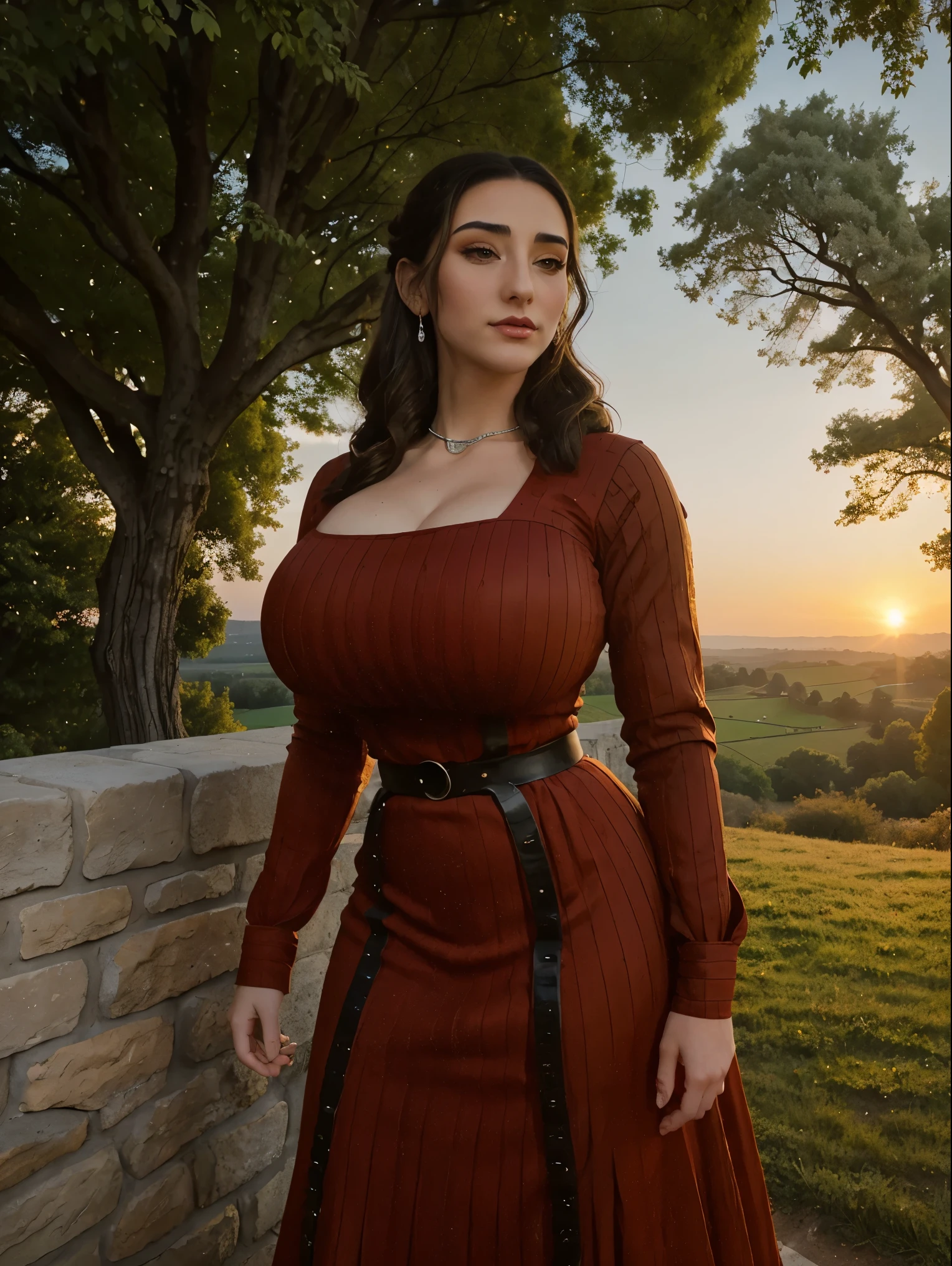 Gorgeous and sultry busty athletic (thin) brunette queen with sharp facial features wearing a modest updo, dark red medieval dress, long sleeves, intricate patterns, scrollwork, wide neck, crown, veil, long dress, modest dress, tight bodice, silver belt, (waist chain), medieval jewelry, Middle Ages, castle, rampart, wall, exterior, on top of a castle wall, trees, countryside, evening, sunset. large breasts.