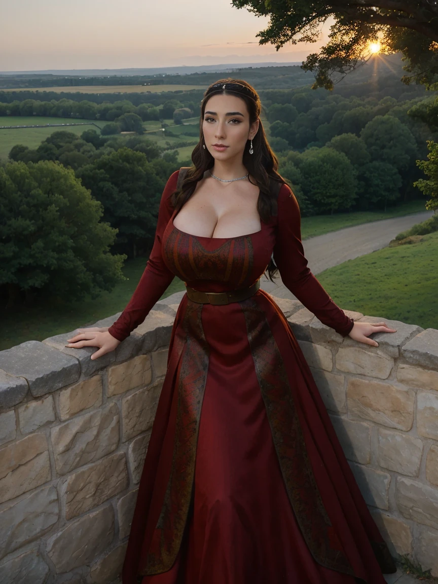 Gorgeous and sultry busty athletic (thin) brunette queen with sharp facial features wearing a modest updo, dark red medieval dress, long sleeves, intricate patterns, scrollwork, wide neck, crown, veil, long dress, modest dress, tight bodice, silver belt, (waist chain), medieval jewelry, Middle Ages, castle, rampart, wall, exterior, on top of a castle wall, trees, countryside, evening, sunset. large breasts.