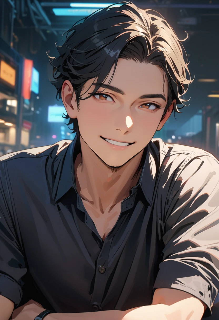 ((45 years old)) ,modern, Verism, masterpiece, super detail, ((best quality:1.3)), 4K , A handsome man, black hair, short hair, light smile, happy