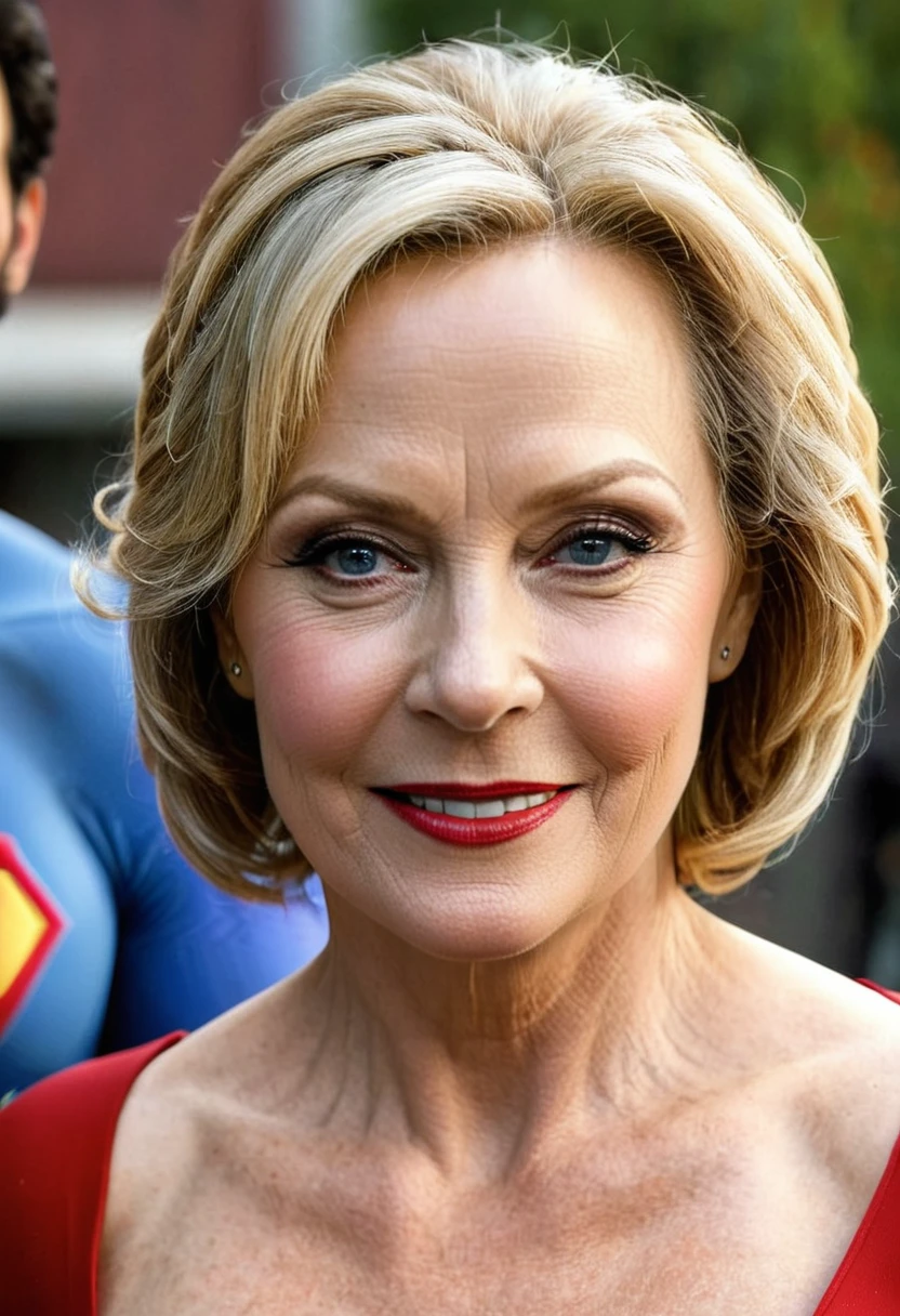 super old  Jean Smart charming, attractive and sadomasochistic smile Supergirl; HD. Photograph, ((realism)), extremely high quality RAW photograph, ultra detailed photograph, sharp focus, high resolution, (detailed skin:1,3),high quality, film grain, Fujifilm XT3,Highly Detailed, movie, (Cinematic Photo:1.3) of (Realistic:1.3), by John Byrne/Jerry Ordway