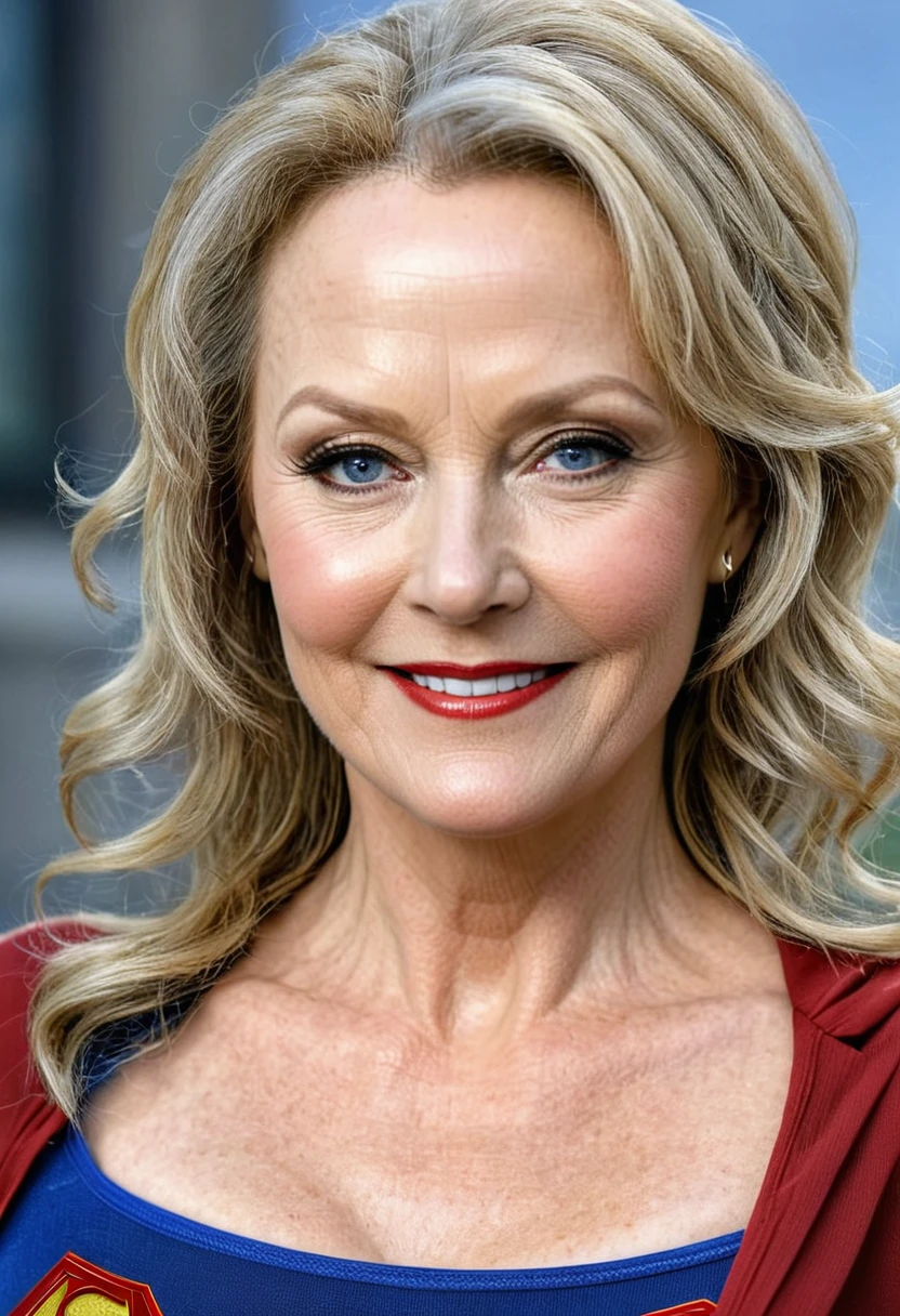 super old  Jean Smart charming, attractive and sadomasochistic smile Supergirl; HD. Photograph, ((realism)), extremely high quality RAW photograph, ultra detailed photograph, sharp focus, high resolution, (detailed skin:1,3),high quality, film grain, Fujifilm XT3,Highly Detailed, movie, (Cinematic Photo:1.3) of (Realistic:1.3), by John Byrne/Jerry Ordway