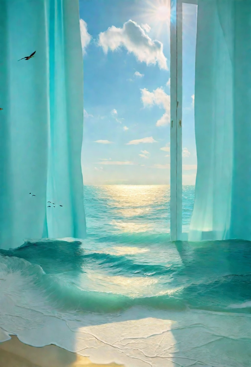 The ocean takes up half of the picture，Light blue ocean，Light海洋，Golden light and shadow，Light，Light，There are birds swimming in the sea，The whole atmosphere is relaxed，The color of the sea is very pale，Tiffany blue water，The sea is rough