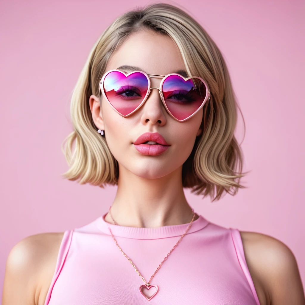 blonde girl with bob hair, pink heart-shaped sunglasses and full lips
(photorealistic, 64k, ultrarealistic, Unreal Engine 5)