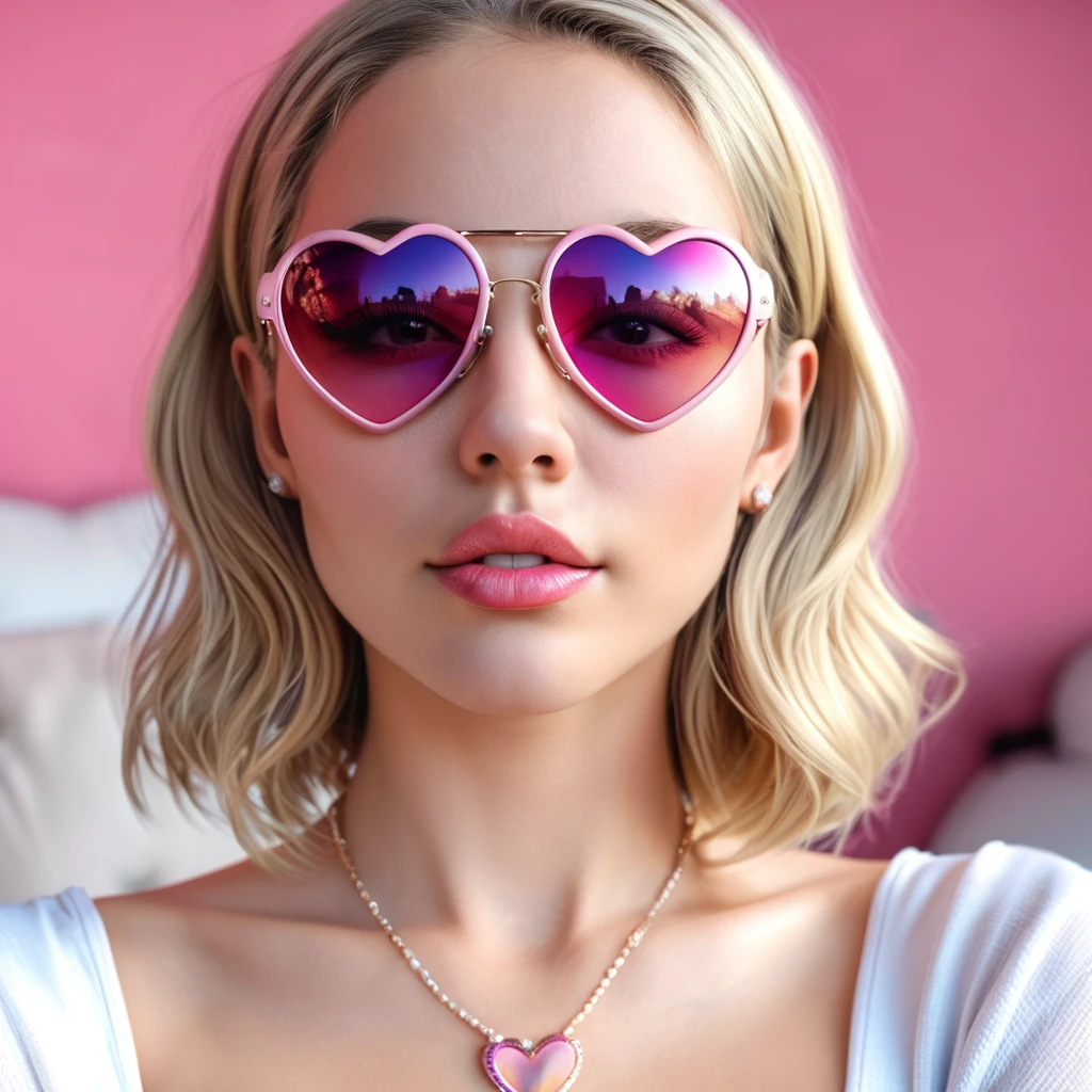 blonde girl with bob hair, pink heart-shaped sunglasses and full lips
(photorealistic, 64k, ultrarealistic, Unreal Engine 5)