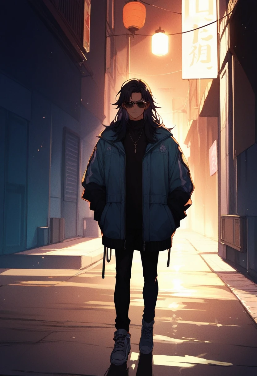 anime character , young man, with rapper flow, with jacket, sunglasses, and long hair walking alone in the dimly lit city