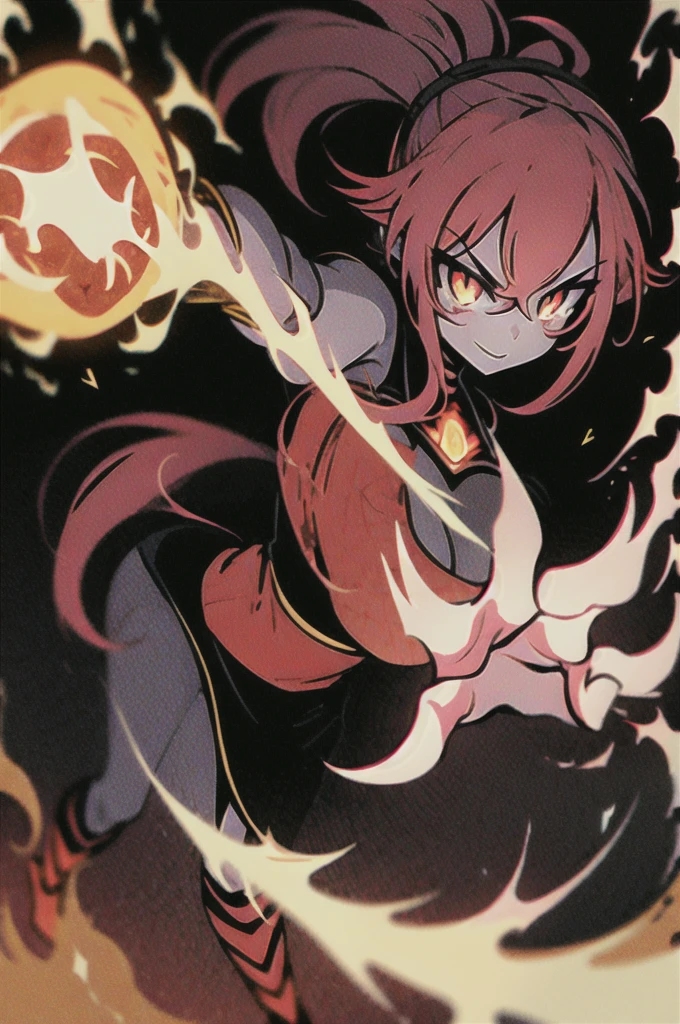 black skin, anime woman, happy, glowing orange eyes, glowing orange tattoos, glowing orange hair ponytail, wearing a black dress