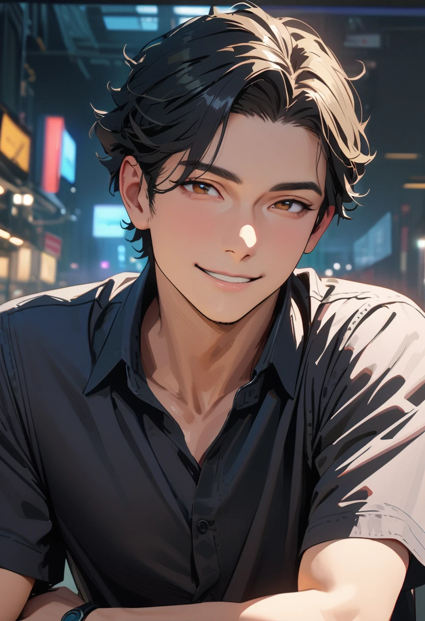 ((45 years old)) ,modern, Verism, masterpiece, textured skin, ((super detail:1.3)), best quality, 4K , A handsome man, black hair, short hair, light smile, happy