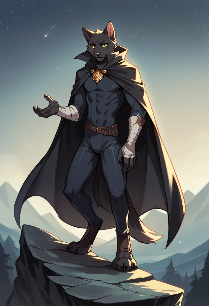 create a picture of an anthropomorphic cat character with black fur and yellow eyes, make his body thin and slender, make him wearing a black closed cloak, make him holding a compound bow, make it in an anime style, give him a short snout, make the cloak look stealthy, make him standing on the edge of a cliff, give him digitigrade legs with gray paws, make him wearing a black skintight suit underneath the cloak, make it late at night, make him look focused, make him overlooking a distant fortress