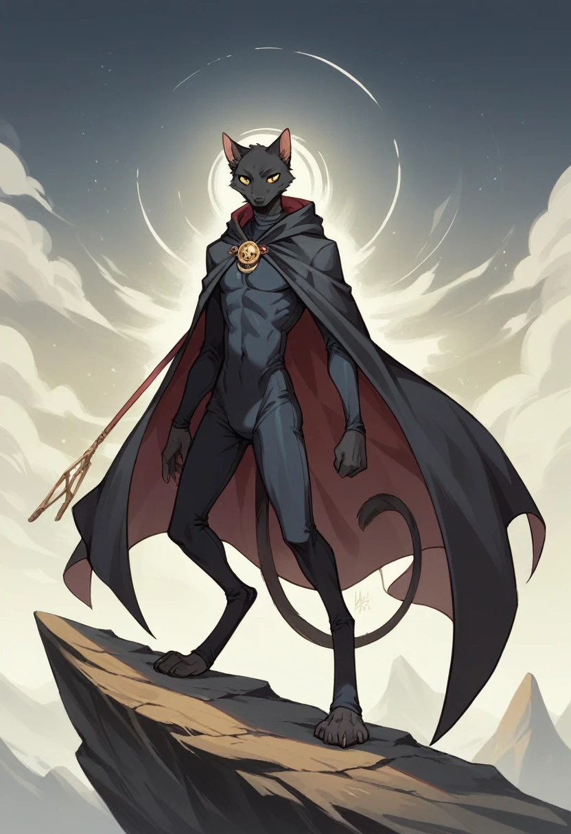 create a picture of an anthropomorphic cat character with black fur and yellow eyes, make his body thin and slender, make him wearing a black closed cloak, make him holding a compound bow, make it in an anime style, give him a short snout, make the cloak look stealthy, make him standing on the edge of a cliff, give him digitigrade legs with gray paws, make him wearing a black skintight suit underneath the cloak, make it late at night, make him look focused, make him overlooking a distant fortress