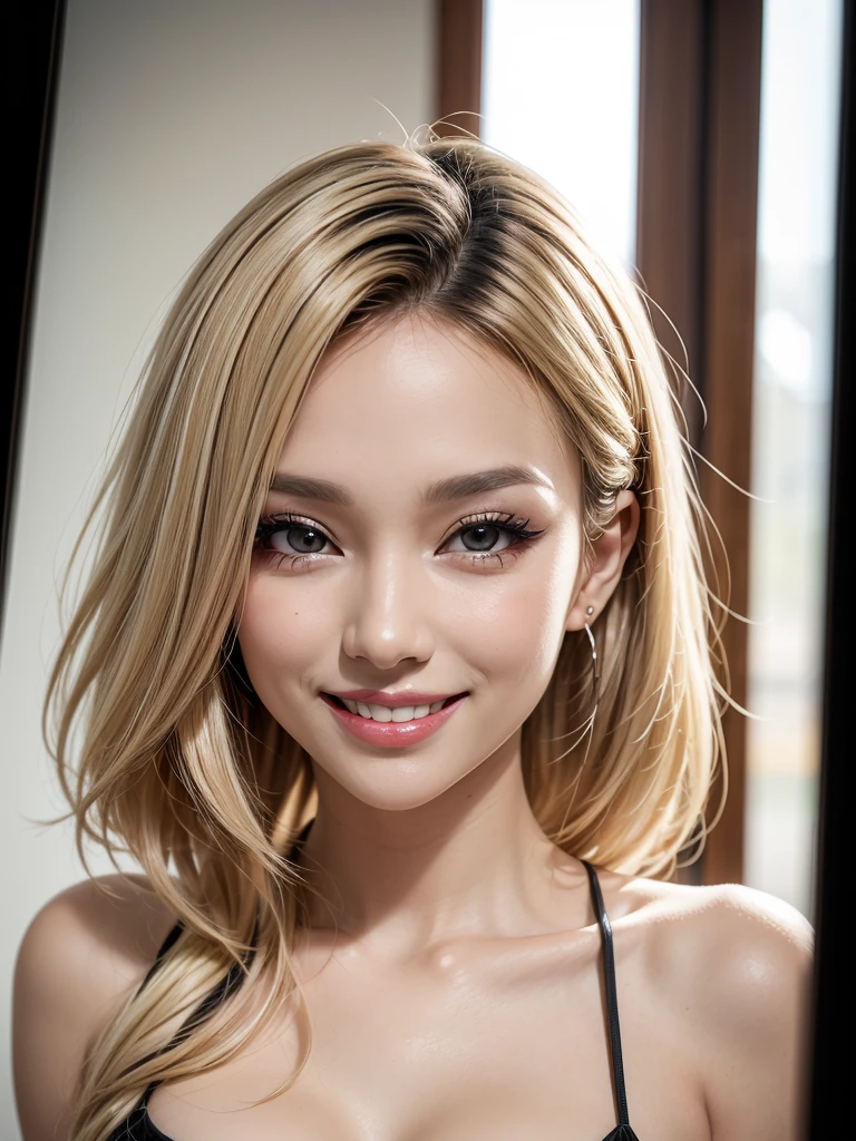 (Black-skinned blonde erotic gal:1.25),Random hair color、(Looking at the camera),(Glare:1.4),(Wicked Smile:1.35)、(Compensate),(mascara)、(eye shadow)、(False eyelashes),1 Medium-breasted,Random Accessories