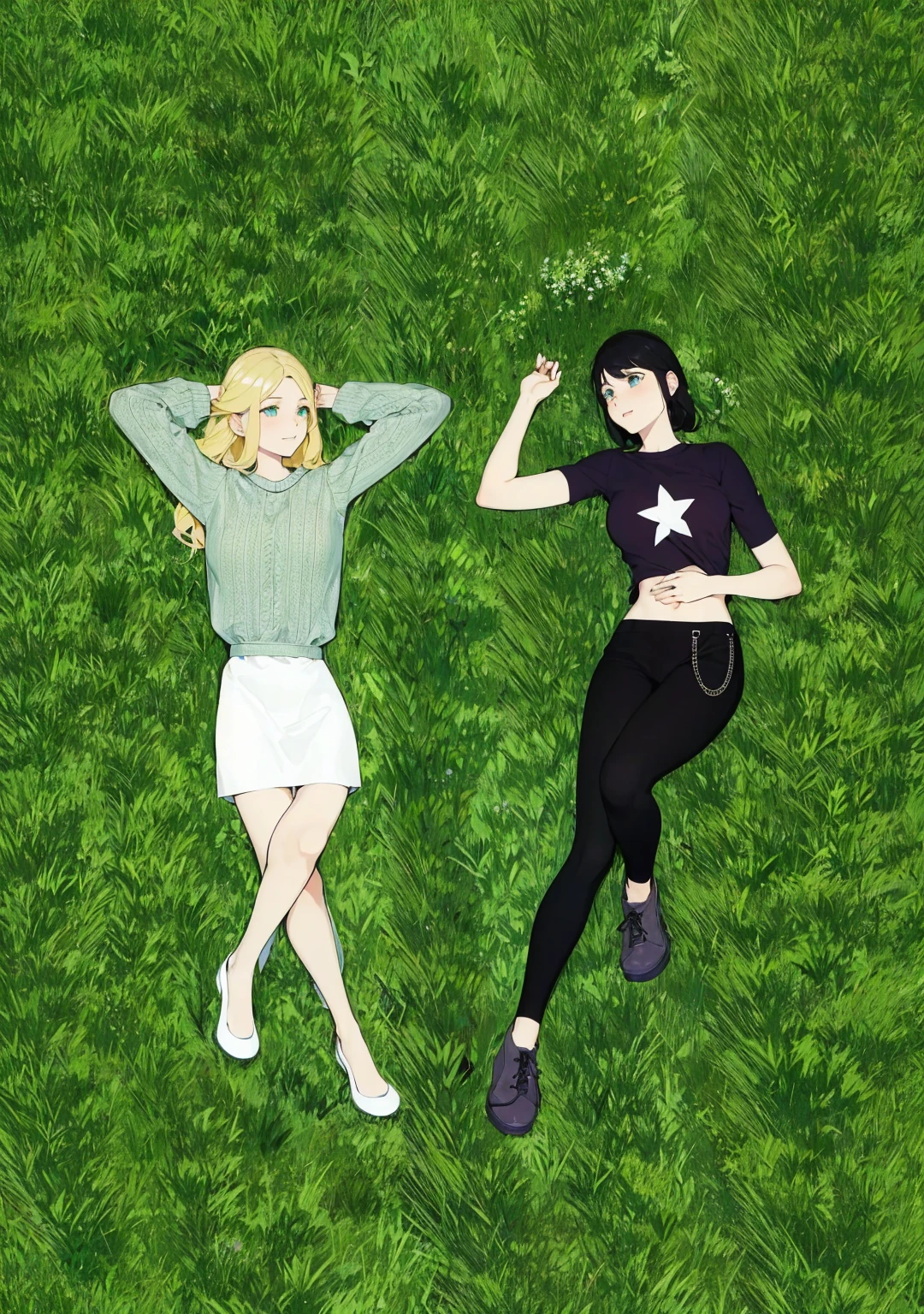 2 girls lying on the grass, looking at each other smiling, one is blonde with long wavy hair and green eyes, the other has short straight black hair and blue Asian eyes and is holding her hand on her stomach.