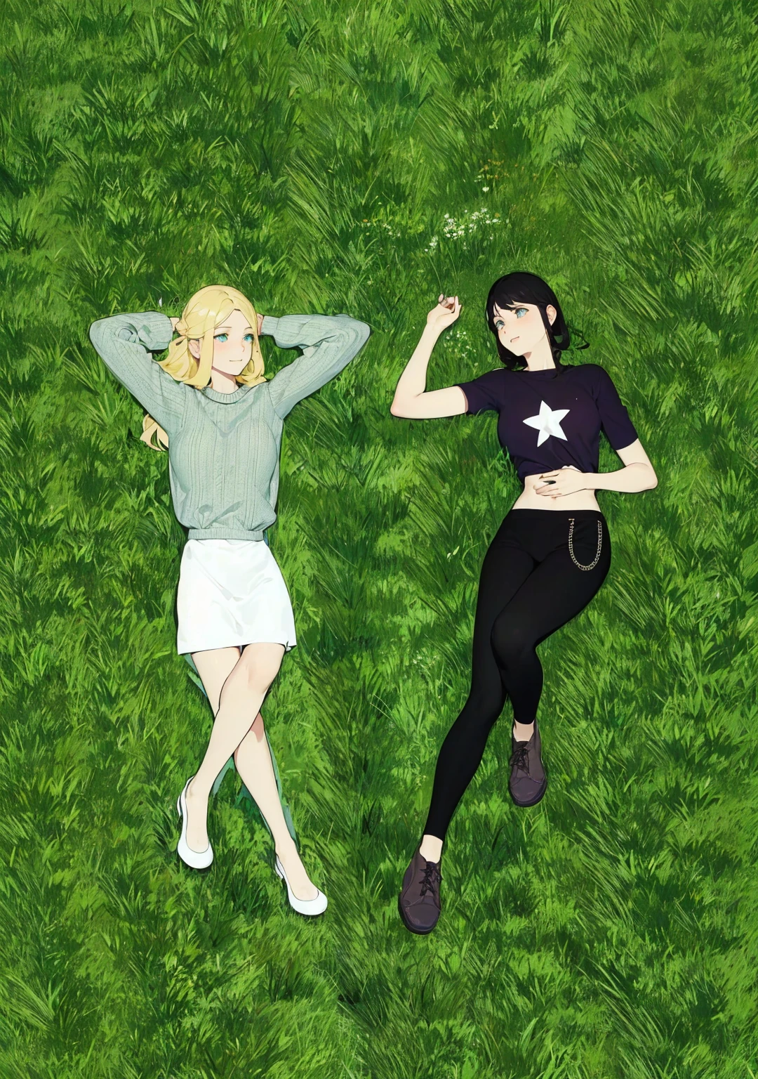 2 girls lying on the grass, looking at each other smiling, one is blonde with long wavy hair and green eyes, the other has short straight black hair and blue Asian eyes and is holding her hand on her stomach.