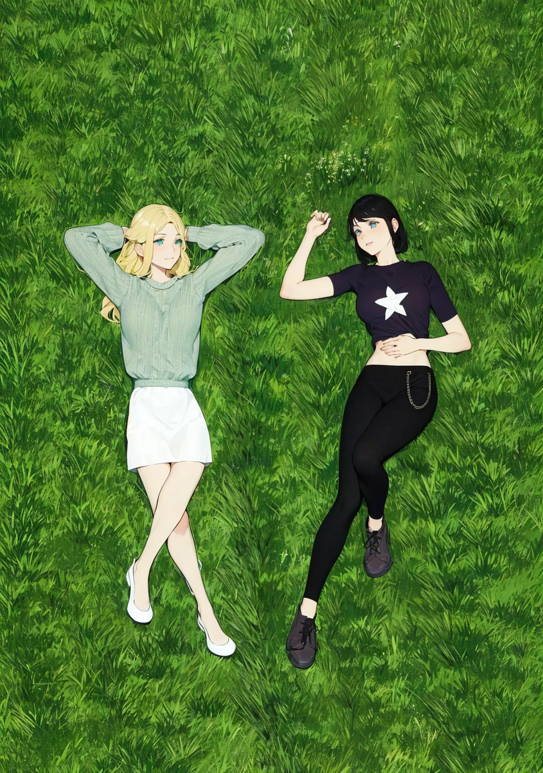 2 girls lying on the grass, looking at each other smiling, one is blonde with long wavy hair and green eyes, the other has short straight black hair and blue Asian eyes and is holding her hand on her stomach.