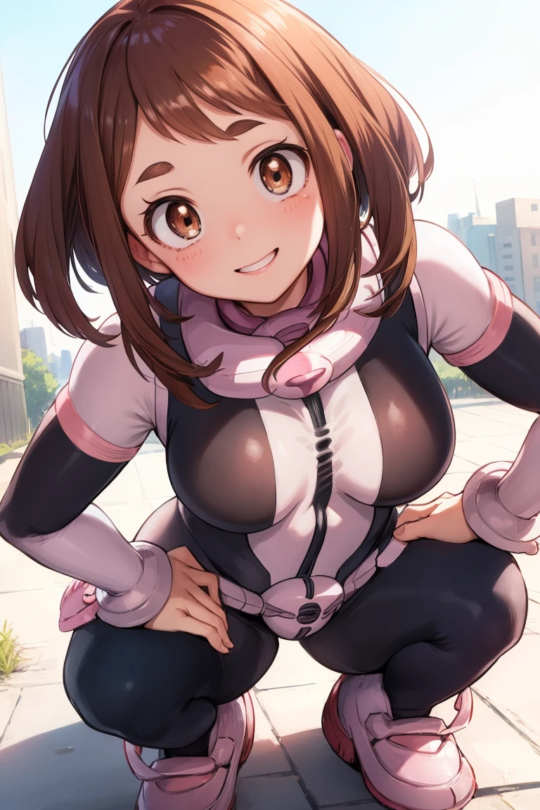 ochakouraraka, ochako uraraka, (uraraka ochako:1.5), (brown eyes:1.5), brown hair, short hair, blush, blush stickers, smile, BREAK (bodysuit:1.5), skin tight, superhero, BREAK outdoors, city, BREAK looking at viewer, standing, idle, hand on hip BREAK (masterpiece:1.2), best quality, high resolution, unity 8k wallpaper, (illustration:0.8), (beautiful detailed eyes:1.6), extremely detailed face, perfect lighting, extremely detailed CG, (perfect hands, perfect anatomy),crawling position on their hands and knees