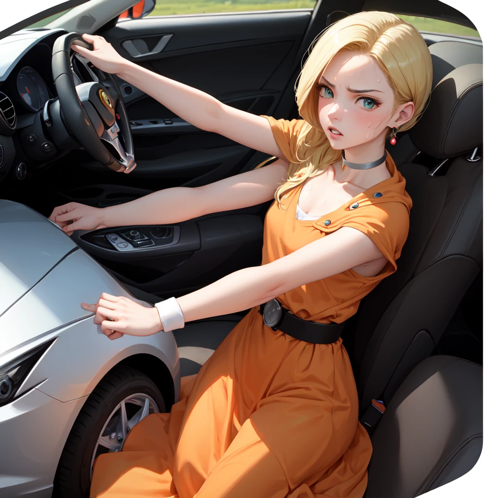 masterpiece, Highest quality, DQ Bianca, 1 person, Single Blade, Earrings, choker, Orange Cape, Green Dress, belt, Small breasts, Driving a car, sports car, Ferrari, Upper Body, hot, Sweating a lot, Wipe away sweat, looking at the camera, angry