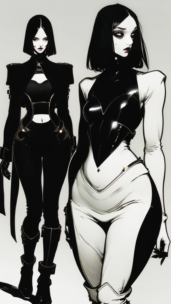 Woman alone, European woman, (((wide hips: 1.5))), 8k, absurd res, ((wide eyes: 1.4)), flawless face, girl with a soft body, (crisp black deco style formal business clothing), 1girl, average body, natural body, ((super wide hips: 1.3)), full body image, 1girls, solo, masterpiece, highly detailed, detailed eyes, expressive detailed eyes, pale skin, wide eyed, detailed pupils, realistic skin , blush, some freckles, realistic skin texture, ((small breasts: 1.3)), blushing, super detailed skin, smooth background, analog style, (chin length hair), ((dark hair: 1.5)), deco cyberpunk setting, (broad fat hips), entire head and body image, ((her entire head and body must be in view)), perfect anatomy, anatomically correct, ((pale skin)), ((wearing flat boots: 1.3))