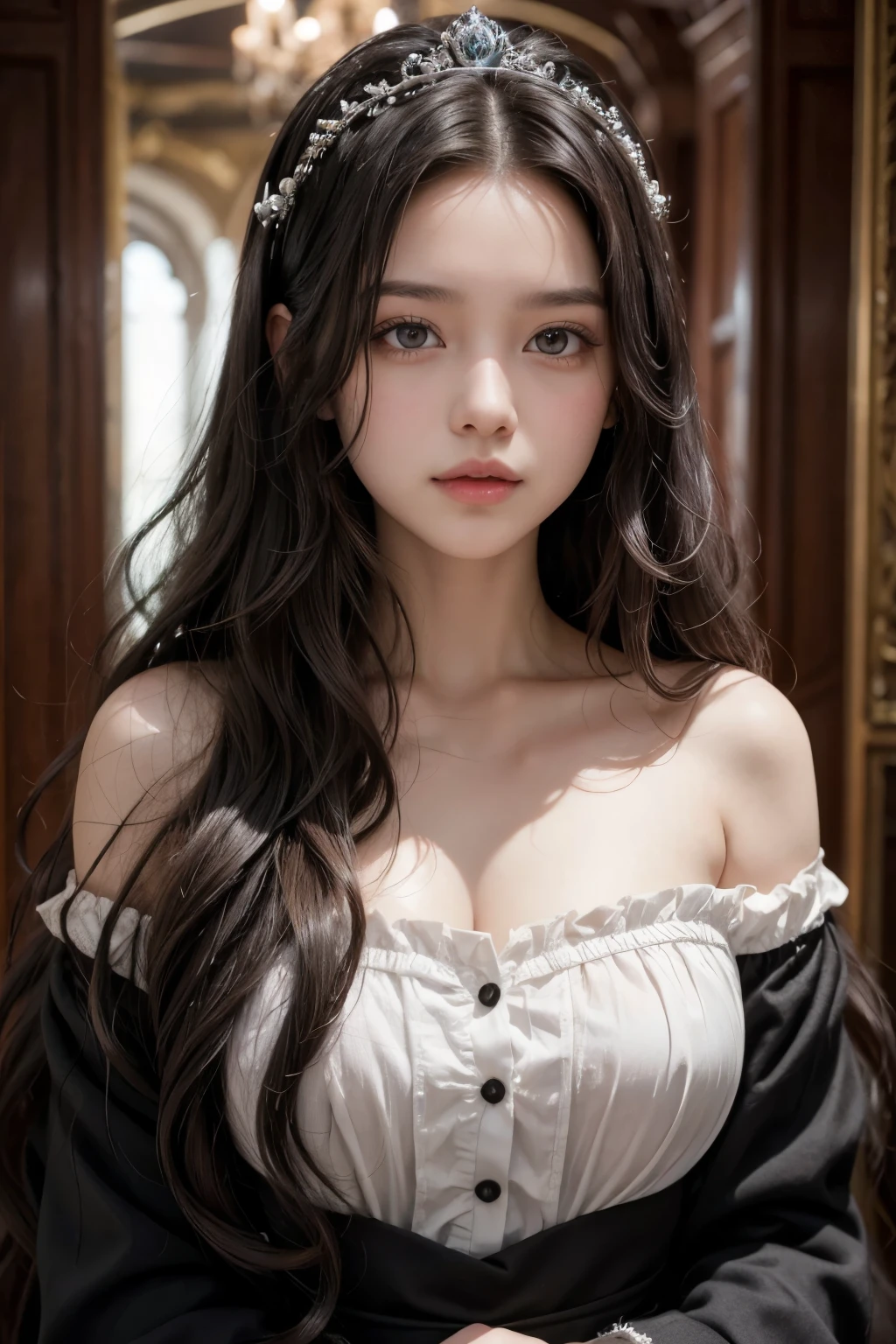 A young woman princess with long black wavy hair and with dark brown eyes