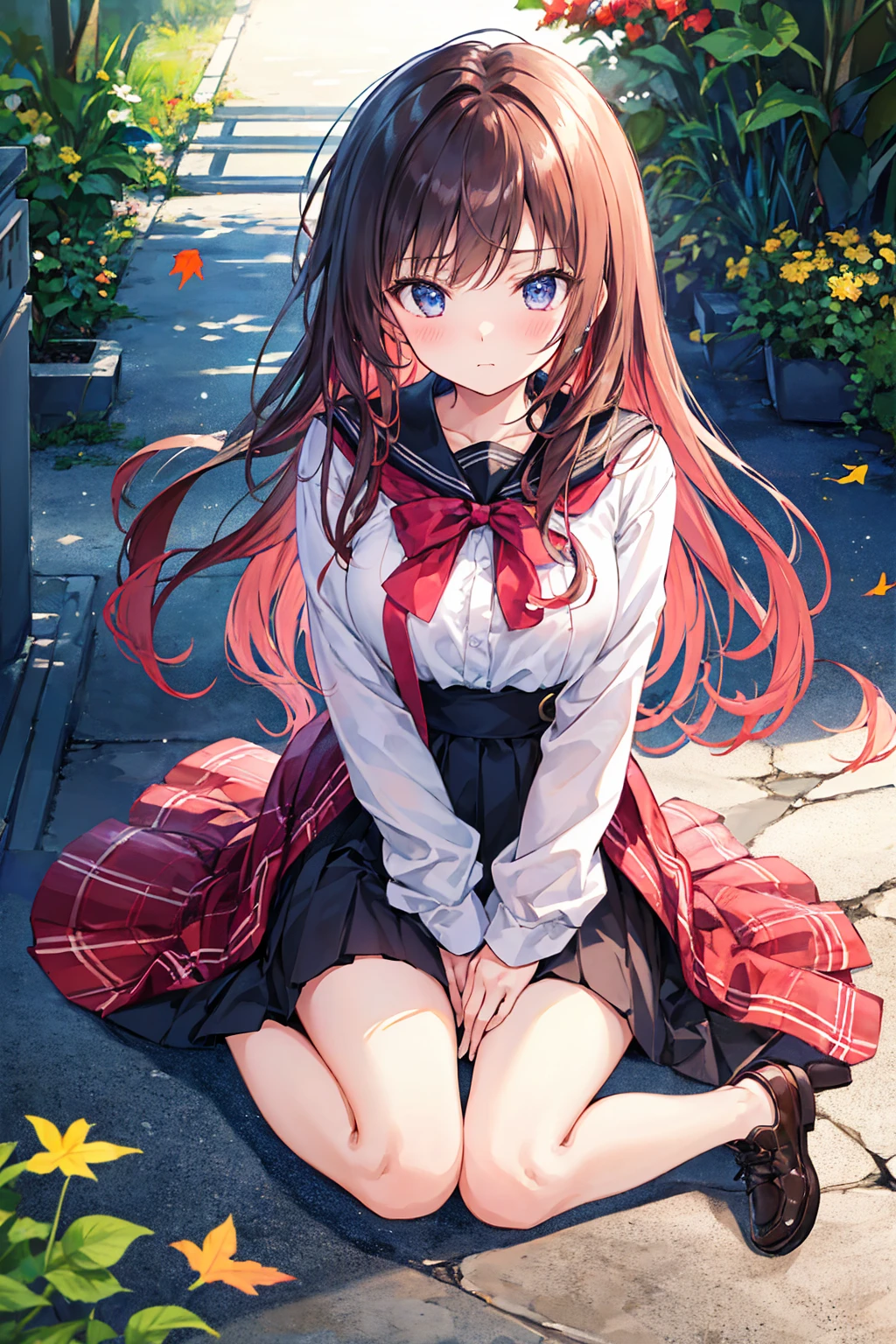 Highest quality、masterpiece、One Girl、cute、high school girl、fall down、Sit on the ground with your legs open、Kamimei、Look at me、Embarrassed look、I can see your pantr.々Patterned panties,((Highest quality)), (Very detailed), (High-definition CG synthesis 8K wallpaper), 高いly detailed, 高い-definition raw colbor photos, Professional photography, Written boundary depth,