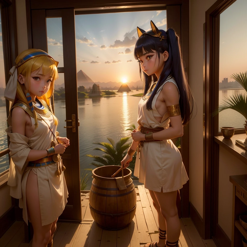 かわいいAncient Egyptの15歳の女の子、Ancient Egypt、View of the Nile、A colorful view of the whole、whole body、Low - Angle、Standing posture、Reeds are growing、Ancient Egyptの船、Ancient Egyptの風景、Sunset、