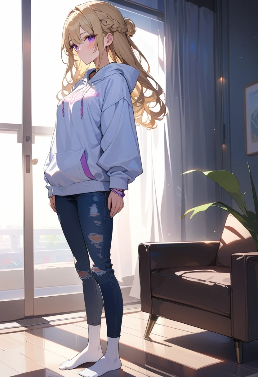 masterpiece, best quality, extremely detailed, ultra detailed, flat anime, 2D, 1girl, (young adult:1.2),blonde hair, (semi-long hair:1.2), curly hair, french braid, medium breasts, purple eyes, tsurime, height 1.7meters, white hooded sweatshirt, jeans,bracelet, long sleeves,socks, full body, portrait, Top Light, spotlight
, , very interesting, summer, livingroom, standing