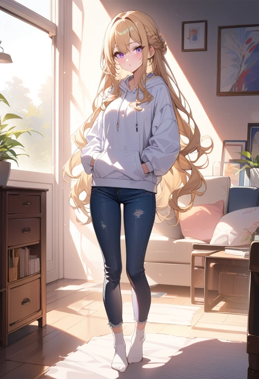 masterpiece, best quality, extremely detailed, ultra detailed, flat anime, 2D, 1girl, (young adult:1.2),blonde hair, (semi-long hair:1.2), curly hair, french braid, medium breasts, purple eyes, tsurime, height 1.7meters, white hooded sweatshirt, jeans,bracelet, long sleeves,socks, full body, portrait, Top Light, spotlight
, , very interesting, summer, livingroom, standing
