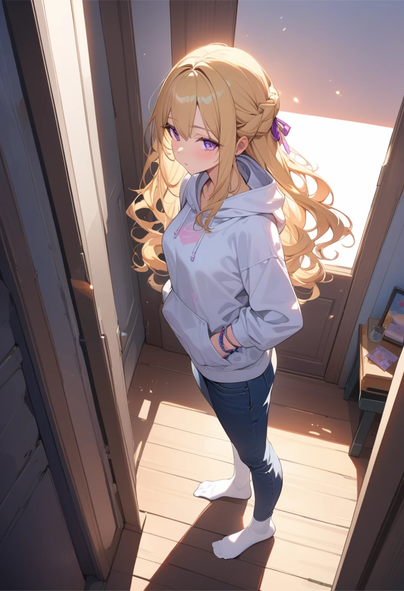 masterpiece, best quality, extremely detailed, ultra detailed, flat anime, 2D, 1girl, (young adult:1.2),blonde hair, (semi-long hair:1.2), curly hair, french braid, medium breasts, purple eyes, tsurime, height 1.7meters, white hooded sweatshirt, jeans,bracelet, long sleeves,socks, full body, portrait, Top Light, spotlight
, , very interesting, summer, livingroom, standing, from above