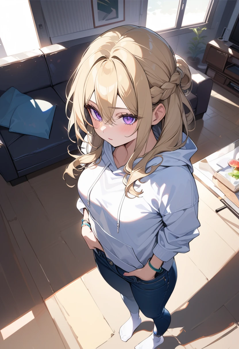 masterpiece, best quality, extremely detailed, ultra detailed, flat anime, 2D, 1girl, (young adult:1.2),blonde hair, (semi-long hair:1.2), curly hair, french braid, medium breasts, purple eyes, tsurime, height 1.7meters, white hooded sweatshirt, jeans,bracelet, long sleeves,socks, full body, portrait, Top Light, spotlight
, , very interesting, summer, livingroom, standing, from above