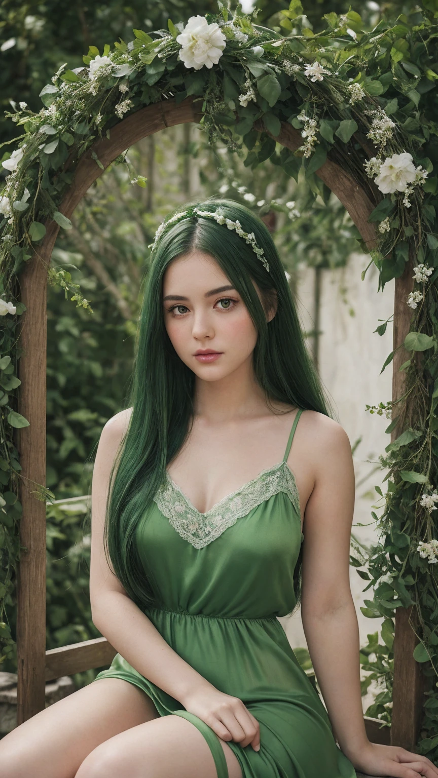 a girl. face sent feeling. Europe. Oval face. long face. delicate facial features. half-closed eyes. seductively seductive. green eyes. long straight hair. green hair. wreath on head. Sad. shy. green silk nightgown. shy sitting posture. straight face. outdoor