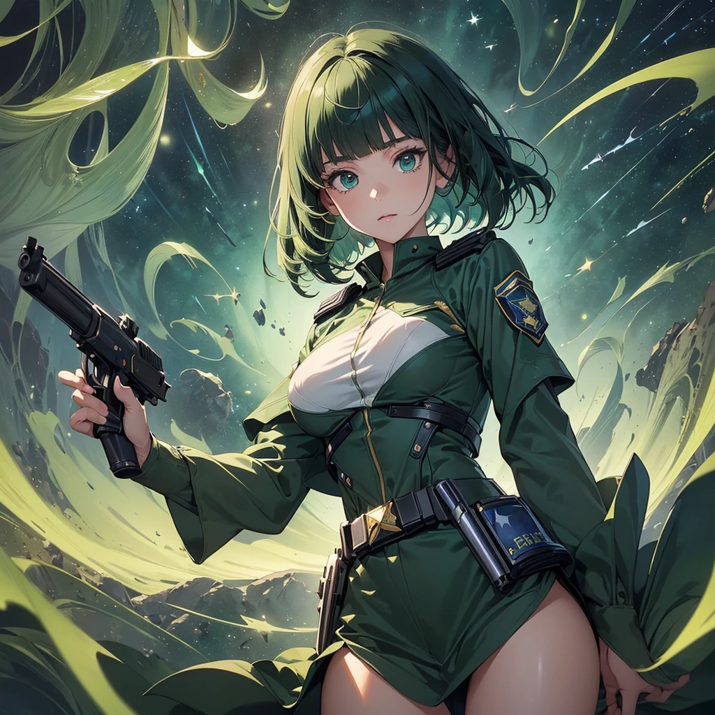 (Fantasy Illustration:1.2), (Front facing,Standing,Delicate facial expression,Sexy gaze,Perfect Fingers,One person:1.5), (anime,8k,masterpiece, Highest quality, Highest quality,beautifully、aesthetic:1.2,Professional illustrations:1.1,Super detailed:1.3,Perfect lighting), Very detailed, Most detailed, Incredibly absurd, High resolution, Super detaileded, Complex:1.6, (girl), Very exquisite beautiful face and eyes, Beautiful Hair, Bob Hair, Blunt bangs, ( Dark green open-necked space police uniform,Gun in one hand:1.5), Guess the skin, (Abstract:1.2), cute, (Small stature,Large Breasts)