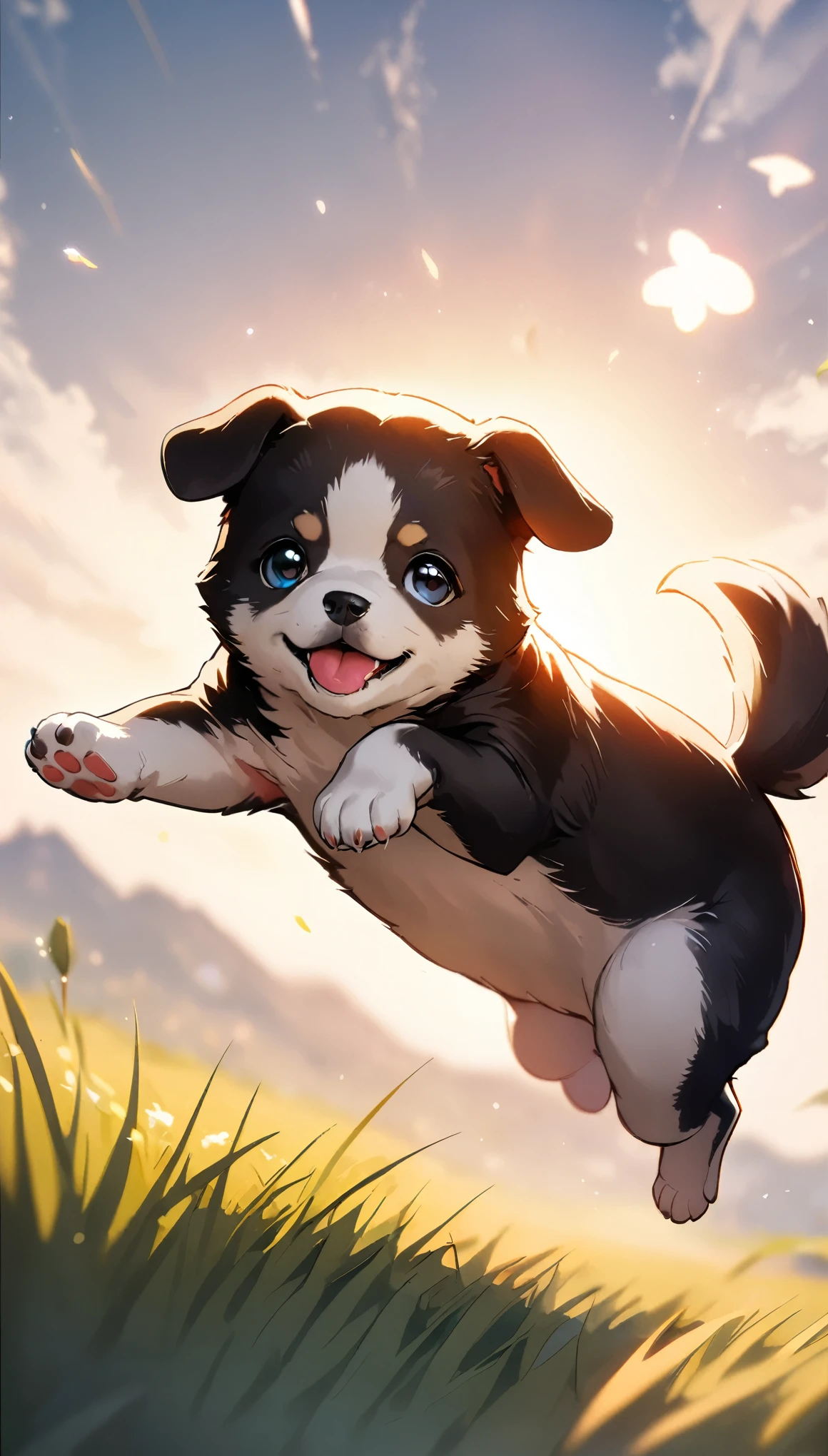 1 puppy, Cute Puppy, ((Jumping puppies:1.1, An out-of-reach jump, Jump action)), try as hard as one can, Detailed puppy details, grassland, Background tree々, A comfortable space, Gentle light, Light and shadow with attention to detail, Background Blur, (Highest quality:1.2, 4K, 8k, Very detailed, Attention to detail, masterpiece:1.2, Best aesthetics),
