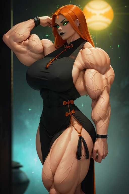 (Close view), tall, muscular woman, (orange hair), long beachy hair, pale white skinned, closed smile, (black lipstick), ((massive muscles)), (hyper muscle), ((ginormous bulky muscles)), ((glowing green eyes)), (sparkly orange cheongsam dress), wristbands, choker, high heels, (flexing bicep in a Japanese nightclub),